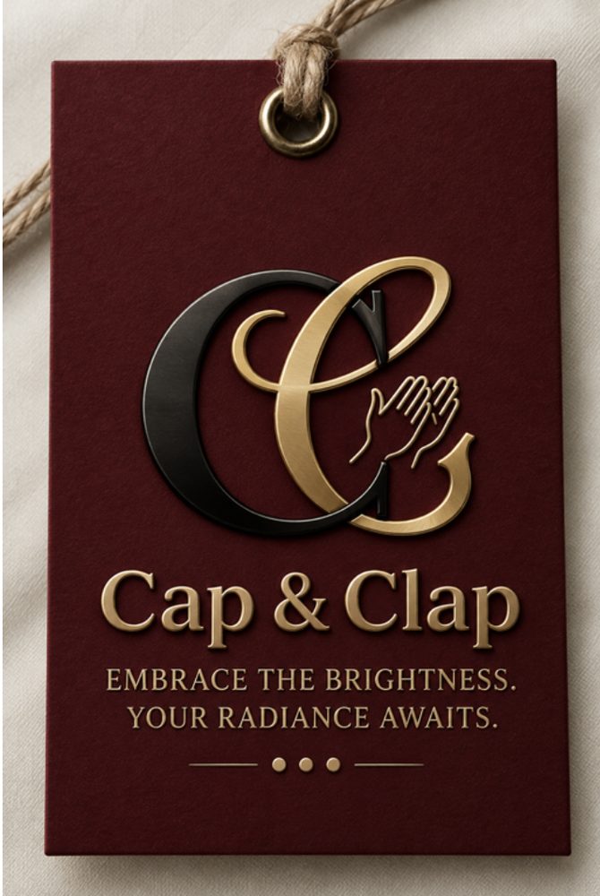 Burgundy hang tag with the gold and black C monogram and clapping hands
